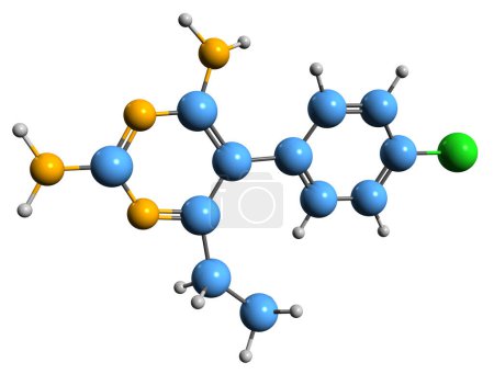 Téléchargez les photos : Image 3D de la formule squelettique de la pyriméthamine - structure chimique moléculaire des médicaments antiparasitaires isolés sur fond blanc - en image libre de droit