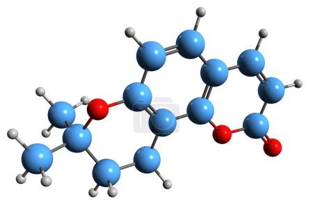 Téléchargez les photos : Image 3D de la formule squelettique pyranocoumarine - structure chimique moléculaire de la phytochimie isolée sur fond blanc - en image libre de droit