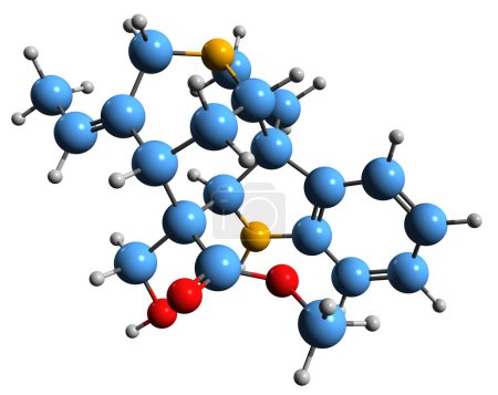 Foto de Imagen 3D de la fórmula esquelética de preacuamicina - estructura química molecular del alcaloide indol aislado sobre fondo blanco - Imagen libre de derechos