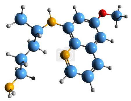 Téléchargez les photos : Image 3D de la formule squelettique Primaquine - structure chimique moléculaire du médicament antipaludique isolé sur fond blanc - en image libre de droit