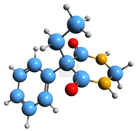Foto de Imagen 3D de la fórmula esquelética de Primidone: estructura química molecular de la medicación con barbitúricos aislada sobre fondo blanco - Imagen libre de derechos