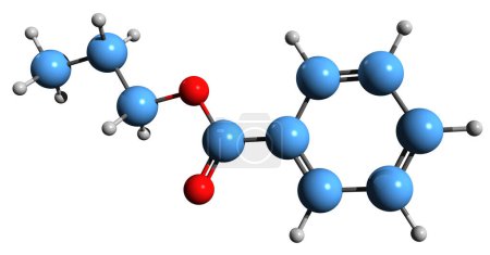 Téléchargez les photos : Image 3D de la formule squelettique du benzoate de propyle - structure chimique moléculaire de l'ester propylique de l'acide benzoïque isolé sur fond blanc - en image libre de droit