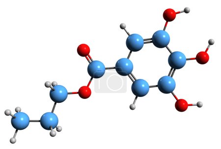 Téléchargez les photos : Image 3D de la formule squelettique du gallate de propyle - structure chimique moléculaire du trihydroxybenzoate de propyle isolé sur fond blanc - en image libre de droit