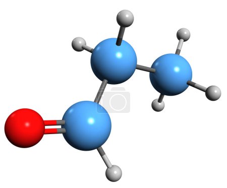 Foto de Imagen 3D de la fórmula esquelética de propionato dehído - estructura química molecular del metilacetaldehído aislado sobre fondo blanco - Imagen libre de derechos
