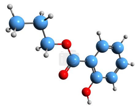 Téléchargez les photos : Image 3D de la formule squelettique du salicylate de propyle - structure chimique moléculaire du 2-hydroxybenzoate de propyle isolé sur fond blanc - en image libre de droit