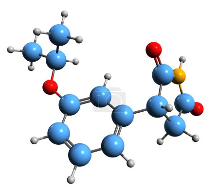 Foto de Imagen 3D de la fórmula esquelética de Pufemide - estructura química molecular de p-isopropoxifenilsuccinimida aislada sobre fondo blanco - Imagen libre de derechos