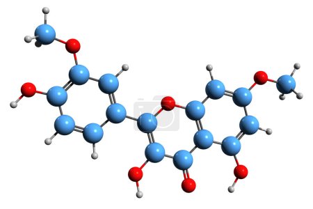 Foto de Imagen 3D de la fórmula esquelética de Rhamnazin: estructura química molecular del flavonol O-metilado aislado sobre fondo blanco - Imagen libre de derechos
