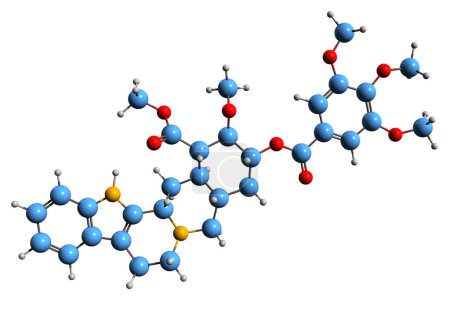 Téléchargez les photos : Image 3D de la formule squelettique de la Reserpidine - structure chimique moléculaire de l'alcaloïde Deresperine isolé sur fond blanc - en image libre de droit