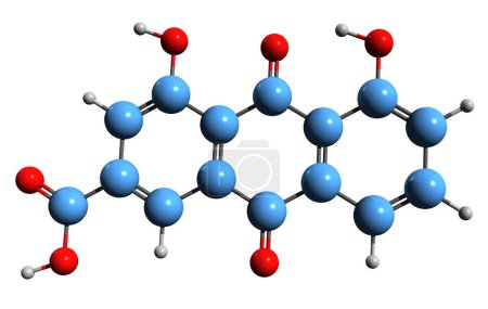 Foto de Imagen 3D de la fórmula esquelética de Rhein: estructura química molecular de la antraquinona de ruibarbo aislada sobre fondo blanco - Imagen libre de derechos