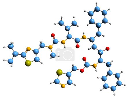 Téléchargez les photos : Image 3D de la formule squelettique du ritonavir - structure chimique moléculaire du médicament antirétroviral isolé sur fond blanc - en image libre de droit