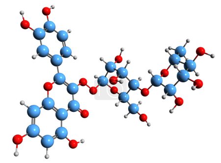 Foto de Imagen 3D de la fórmula esquelética de rutina: estructura química molecular del rutinósido de quercetina aislado sobre fondo blanco - Imagen libre de derechos