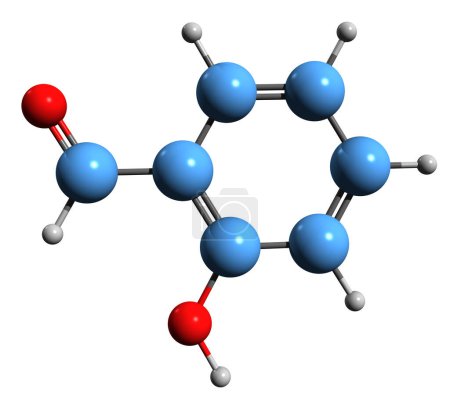 Foto de Imagen 3D de la fórmula esquelética de salicilaldehído - estructura química molecular del 2-hidroxibenzaldehído aislado sobre fondo blanco - Imagen libre de derechos