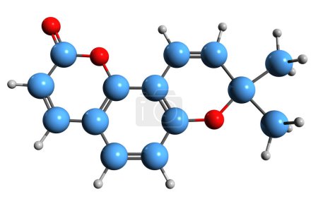 Foto de Imagen en 3D de la fórmula esquelética de Seselin: estructura química molecular de la amilolina de pirjalá aislada sobre fondo blanco - Imagen libre de derechos