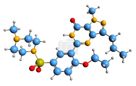 Foto de Imagen 3D de la fórmula esquelética de Sildenafil: estructura química molecular de la medicación para la disfunción eréctil aislada sobre fondo blanco - Imagen libre de derechos