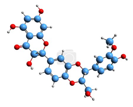 Téléchargez les photos : Image 3D de la formule squelettique de la Silibinine - structure chimique moléculaire du chardon-Marie phytochimique isolé sur fond blanc - en image libre de droit