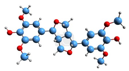 Foto de Imagen 3D de la fórmula esquelética de Syringaresinol - estructura química molecular de eleutherococcus lignan aislada sobre fondo blanco - Imagen libre de derechos