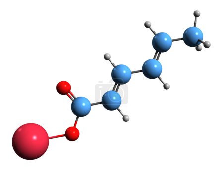 Foto de Imagen 3D de Fórmula esquelética de sorbato de sodio - estructura química molecular de sal sódica de ácido sórbico aislada sobre fondo blanco - Imagen libre de derechos