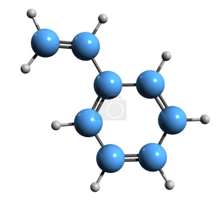 Téléchargez les photos : Image 3D de la formule squelettique du styrène - structure chimique moléculaire du cinnamène isolé sur fond blanc - en image libre de droit