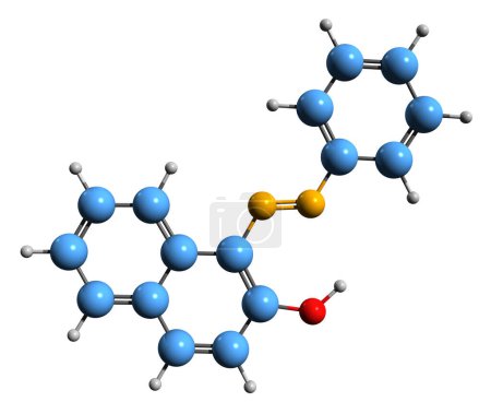 Foto de Imagen 3D de la fórmula esquelética de Sudán I: estructura química molecular del colorante azo CI Solvent Yellow 14 aislado sobre fondo blanco - Imagen libre de derechos