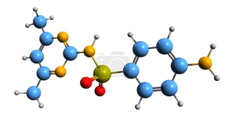 Foto de Imagen 3D de la fórmula esquelética de sulfadimidina - estructura química molecular de sulfonamida aislada sobre fondo blanco - Imagen libre de derechos