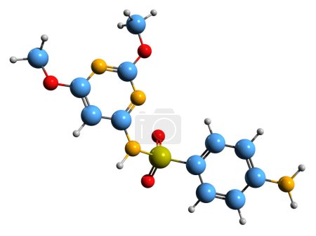 Foto de Imagen 3D de la fórmula esquelética de Sulfadimetoxina - estructura química molecular de sulfonamida aislada sobre fondo blanco - Imagen libre de derechos