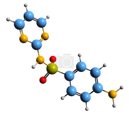 Foto de Imagen 3D de la fórmula esquelética de sulfadiazina: estructura química molecular de la sulfonamida aislada sobre fondo blanco - Imagen libre de derechos