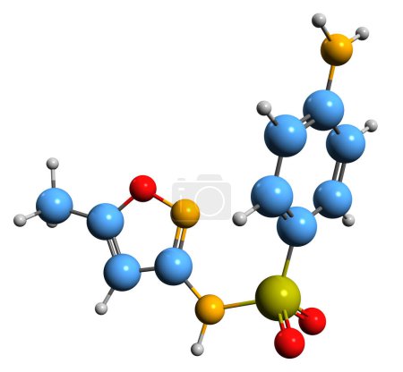 Foto de Imagen 3D de la fórmula esquelética de Sulfametoxazol: estructura química molecular de la sulfonamida aislada sobre fondo blanco - Imagen libre de derechos