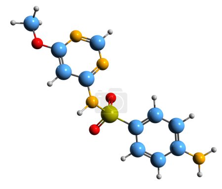 Foto de Imagen 3D de la fórmula esquelética de Sulfamonometoxina - estructura química molecular de sulfonamida aislada sobre fondo blanco - Imagen libre de derechos