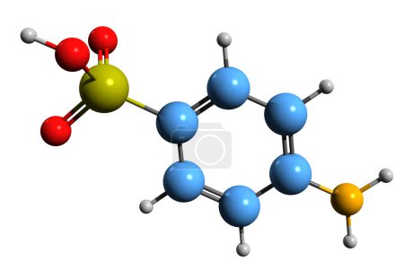 Foto de Imagen 3D de la fórmula esquelética del ácido sulfanílico - estructura química molecular del ácido 4-aminobencenosulfónico aislado sobre fondo blanco - Imagen libre de derechos