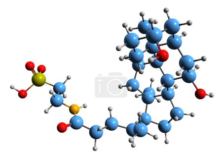 Téléchargez les photos : Image 3D de la formule squelettique de l'acide taurochenodésoxycholique - structure chimique moléculaire de l'acide biliaire 12-désoxycholyltaurine isolée sur fond blanc - en image libre de droit