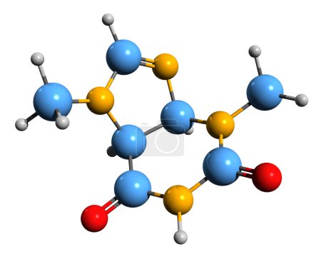 Téléchargez les photos : Image 3D de la formule squelettique de la théobromine - structure chimique moléculaire de la diurobromine isolée sur fond blanc - en image libre de droit