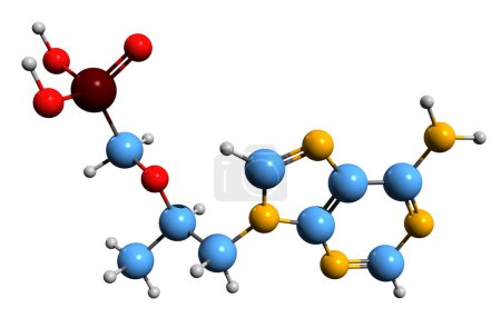 Téléchargez les photos : Image 3D de la formule squelettique du ténofovir - structure chimique moléculaire de l'agent antiviral isolé sur fond blanc - en image libre de droit