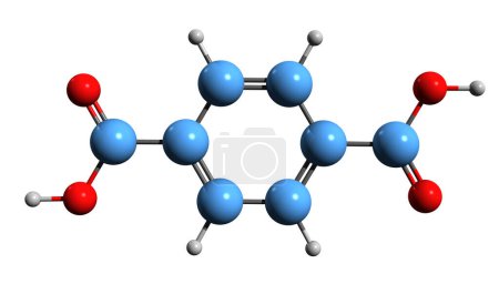 Téléchargez les photos : Image 3D de la formule squelettique de l'acide téréphtalique - structure chimique moléculaire de l'acide para-phtalique isolé sur fond blanc - en image libre de droit