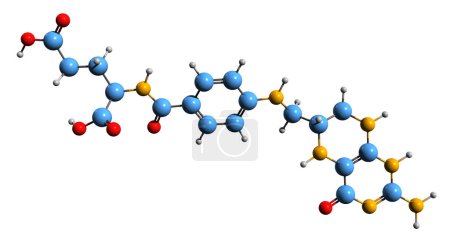 Téléchargez les photos : Image 3D de la formule squelettique de l'acide tétrahydrofolique - structure chimique moléculaire du tétrahydrofolate isolé sur fond blanc - en image libre de droit