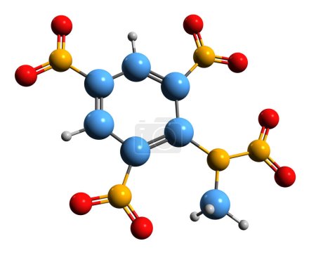 Foto de Imagen 3D de la fórmula esquelética de tetril - estructura química molecular de trinitrofenilmetilnitramina aislada sobre fondo blanco - Imagen libre de derechos