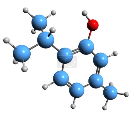 Foto de Imagen 3D de la fórmula esquelética del timol: estructura química molecular del 2-isopropil-5-metilfenol aislado sobre fondo blanco - Imagen libre de derechos