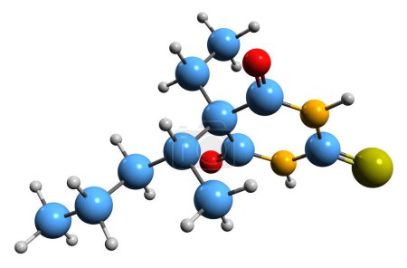 Téléchargez les photos : Image 3D de la formule squelettique thiopental - structure chimique moléculaire du barbiturique à courte durée d'action isolé sur fond blanc - en image libre de droit
