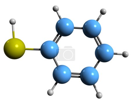 Téléchargez les photos : Image 3D de la formule squelettique du thiophénol - structure chimique moléculaire du benzènethiol isolé sur fond blanc - en image libre de droit
