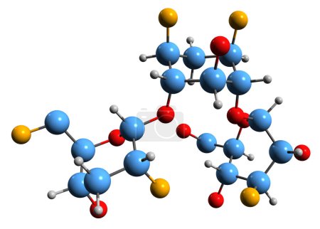 Foto de Imagen 3D de la fórmula esquelética de tobramicina: estructura química molecular del antibiótico aminoglucósido aislado sobre fondo blanco - Imagen libre de derechos