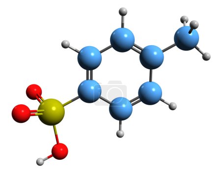 Foto de Imagen 3D de la fórmula esquelética del ácido toluenosulfónico - estructura química molecular del ácido 4-metilbencenosulfónico aislado sobre fondo blanco - Imagen libre de derechos
