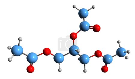  Imagen 3D de la fórmula esquelética de Triacetina - estructura química molecular del triacetato de glicerol aislado sobre fondo blanco