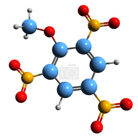 Foto de Imagen 3D de la fórmula esquelética de Trinitroanisol - estructura química molecular del éter metílico ácido picrico aislado sobre fondo blanco - Imagen libre de derechos