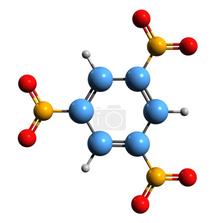 Foto de Imagen en 3D de la fórmula esquelética de trinitrobenceno: estructura química molecular de un derivado trinitrado del benceno aislado sobre fondo blanco - Imagen libre de derechos