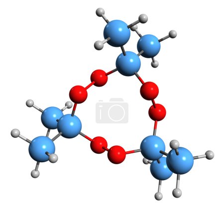 Foto de Imagen 3D de la fórmula esquelética de peróxido de acetona - estructura química molecular del triperóxido de triacetona aislado sobre fondo blanco - Imagen libre de derechos