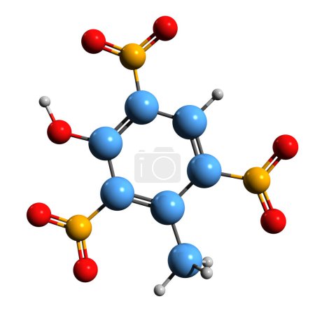 Foto de Imagen 3D de la fórmula esquelética Trinitrocresol - estructura química molecular de la sustancia explosiva aislada sobre fondo blanco - Imagen libre de derechos