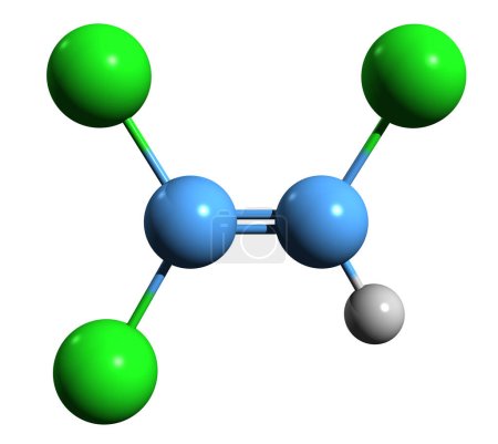 Foto de Imagen 3D de la fórmula esquelética de tricloroetileno - estructura química molecular del tricloruro de acetileno aislado sobre fondo blanco - Imagen libre de derechos