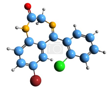 Téléchargez les photos : Image 3D de la formule squelettique Phénazépam - structure chimique moléculaire de la bromdihydrochlorphénylbenzodiazépine isolée sur fond blanc - en image libre de droit