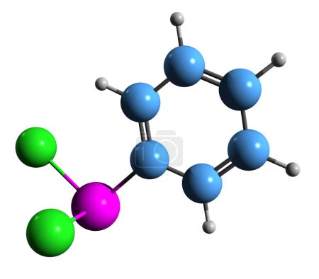 Téléchargez les photos : Image 3D de la formule squelettique phényldichloroarsine - structure chimique moléculaire du dichlorure phénylarsoneux isolé sur fond blanc - en image libre de droit
