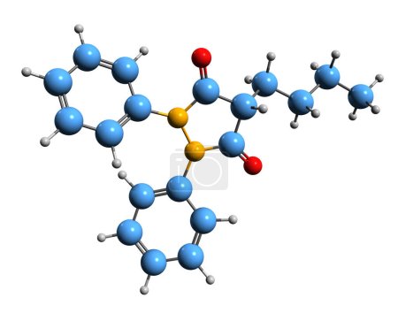 Foto de Imagen 3D de la fórmula esquelética de fenilbutazona - estructura química molecular del fármaco antiinflamatorio no esteroideo aislado sobre fondo blanco - Imagen libre de derechos