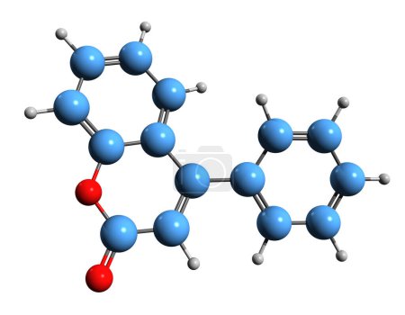 Foto de Imagen 3D de la fórmula esquelética de fenilcumarina - estructura química molecular de la neoflavona aislada sobre fondo blanco - Imagen libre de derechos
